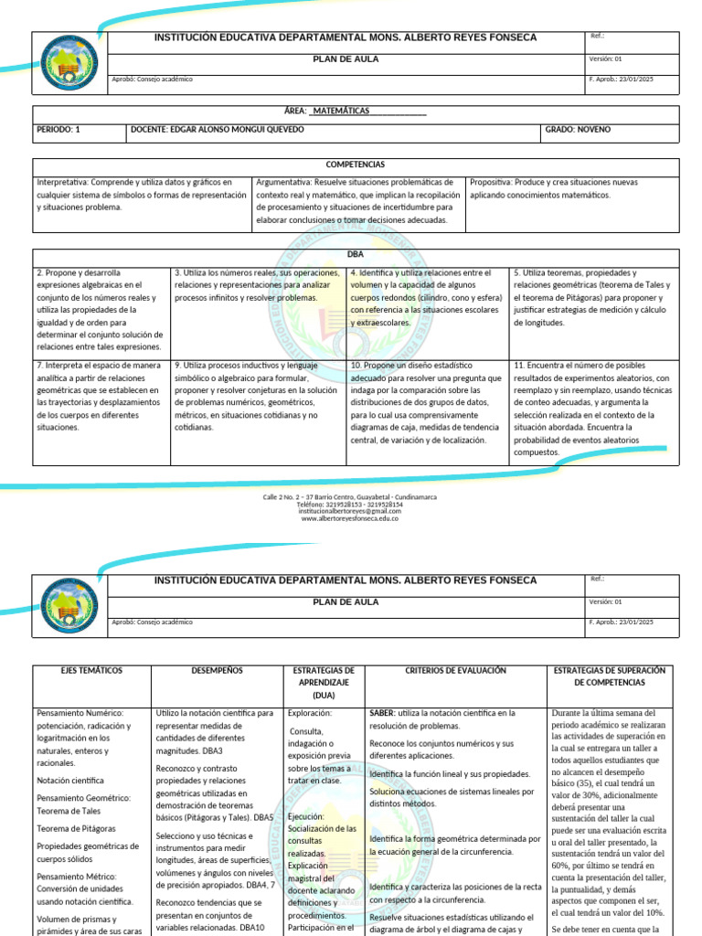 Plan de Aula Matemáticas Grado Noveno | PDF | Geometría | Matemáticas