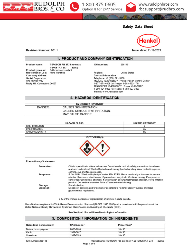 Teroson RB 273 Safety Data Sheet | PDF | Dangerous Goods | Formaldehyde
