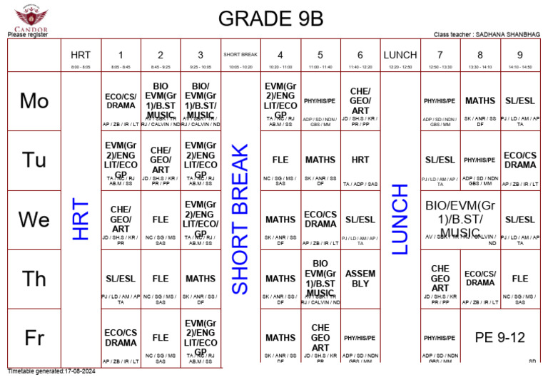 Grade 9B Timetable 2024 | PDF