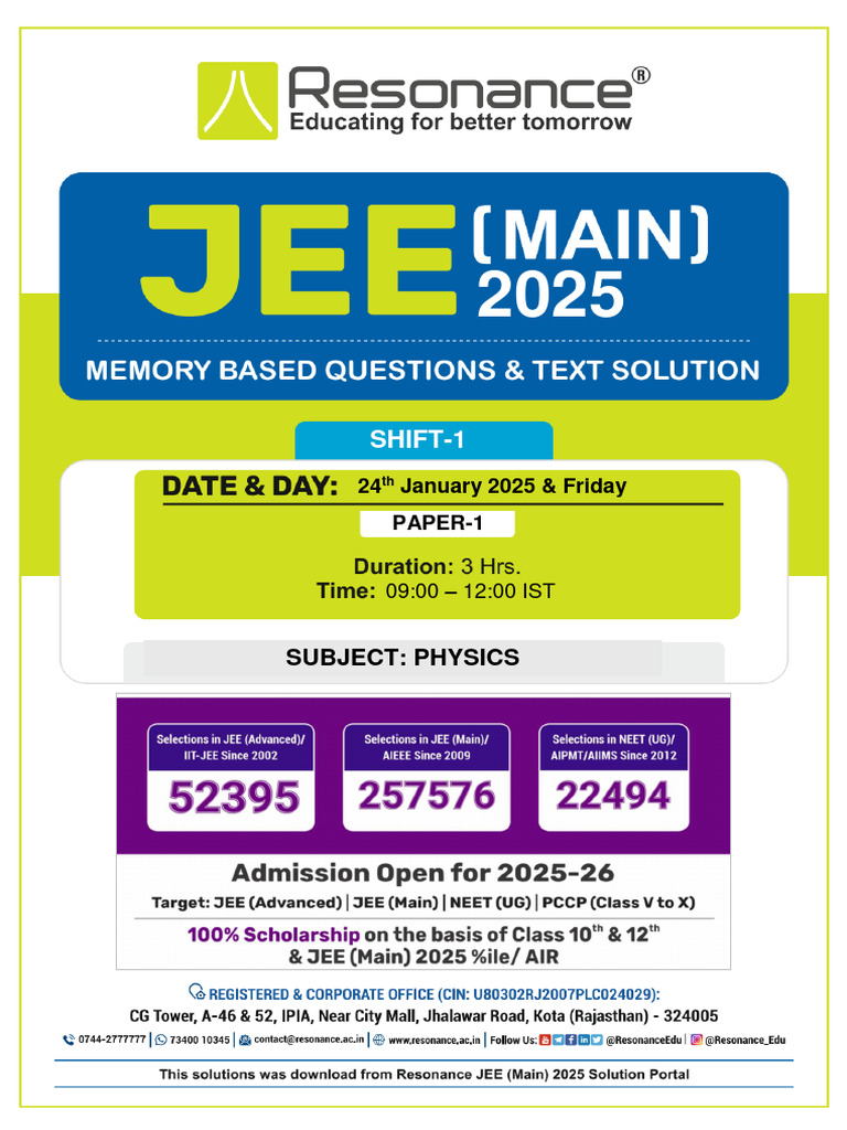 JEE Main 2025 Physics Paper 1 Solutions | PDF | Physics | Physical ...