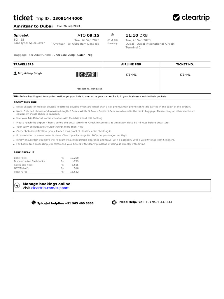 SpiceJet Flight Ticket Details | PDF | Aviation