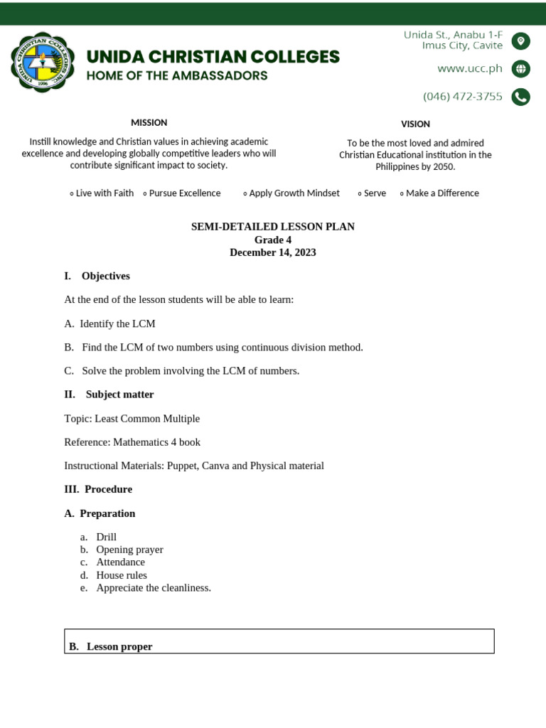Semi Detailed Lesson Plan of Least Common Multiple in Grade 4 | PDF ...