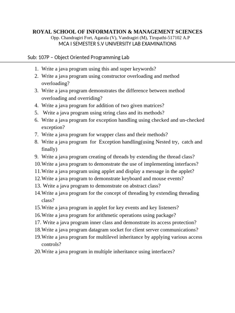 107P Object oriented programming Lab list 20prog | PDF