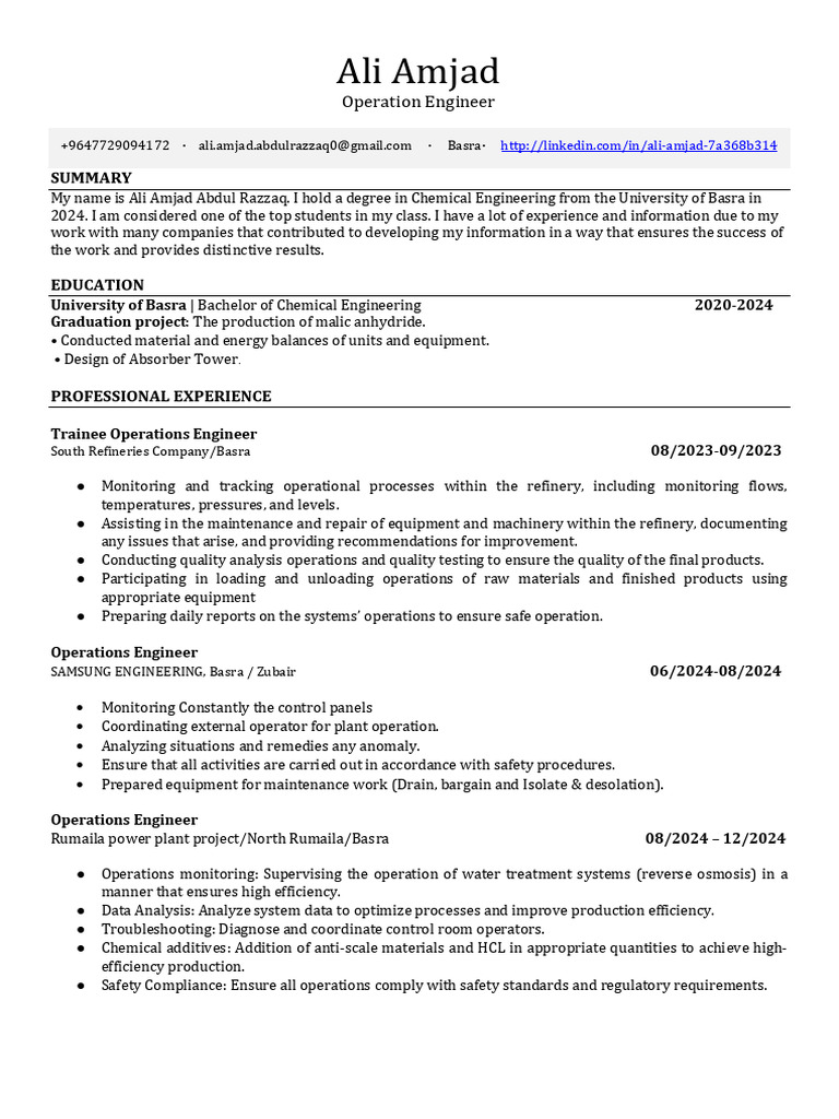 Ali Amjad: Chemical Engineer Profile | PDF | Chemical Engineering ...
