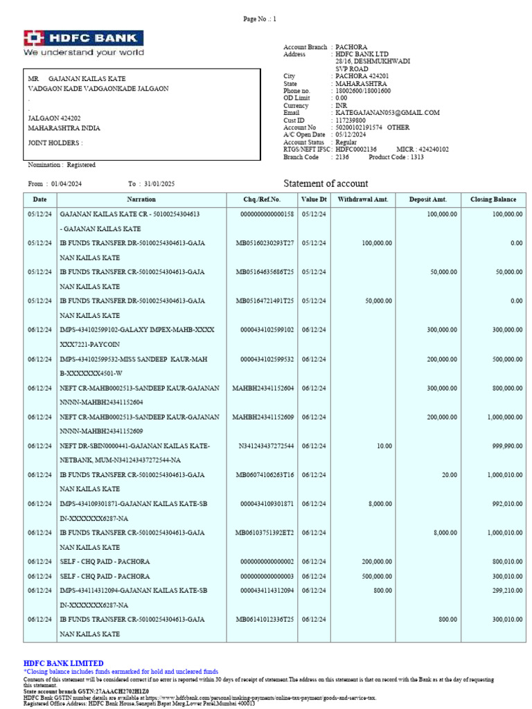 HDFC Bank Account Statement Summary | PDF | Business | Financial ...