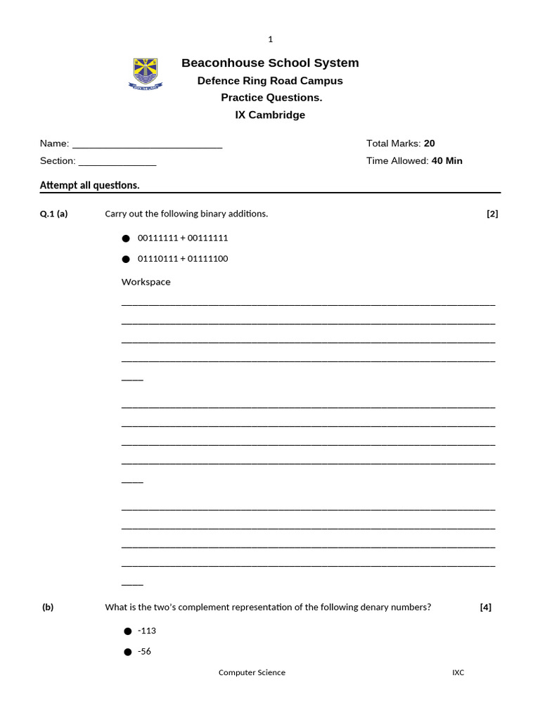 Binary Math Practice for IX Students | PDF | Computer Architecture ...