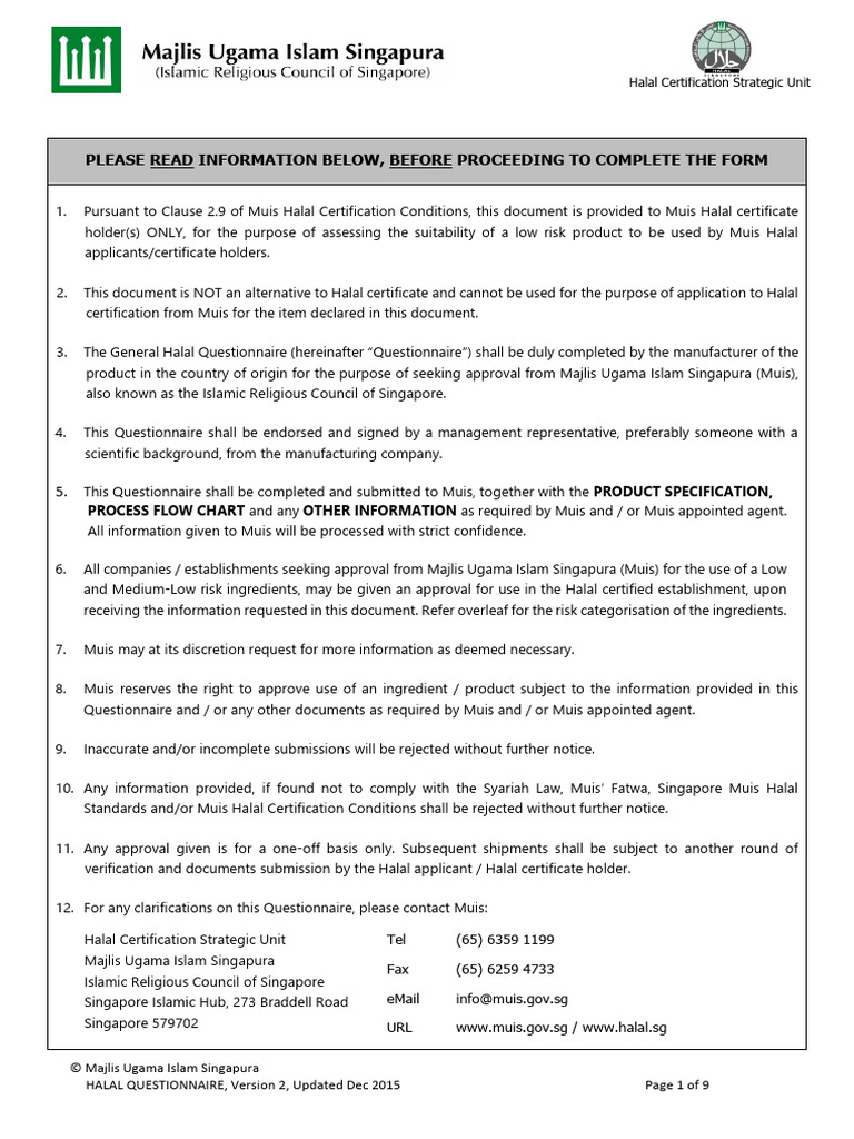 Muis Halal General Questionnaire | PDF | Foods | Food Industry