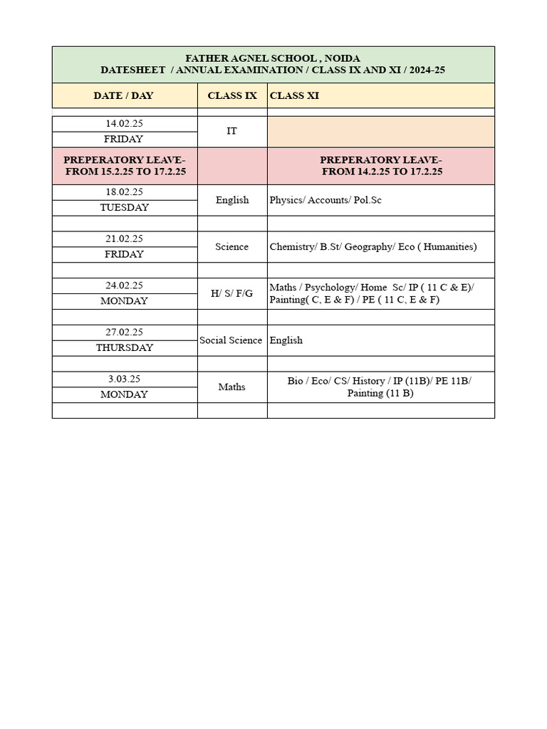 Father Agnel School Class IX & XI Exam Datesheet 2024-25 | PDF