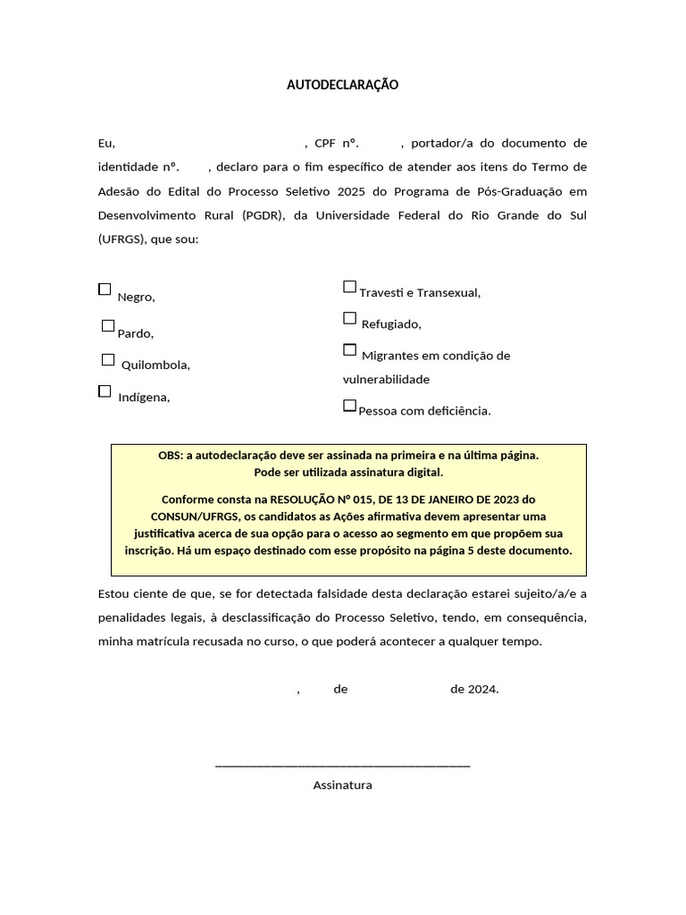 Autodeclaração para Ações Afirmativas UFRGS | PDF | Deficiência