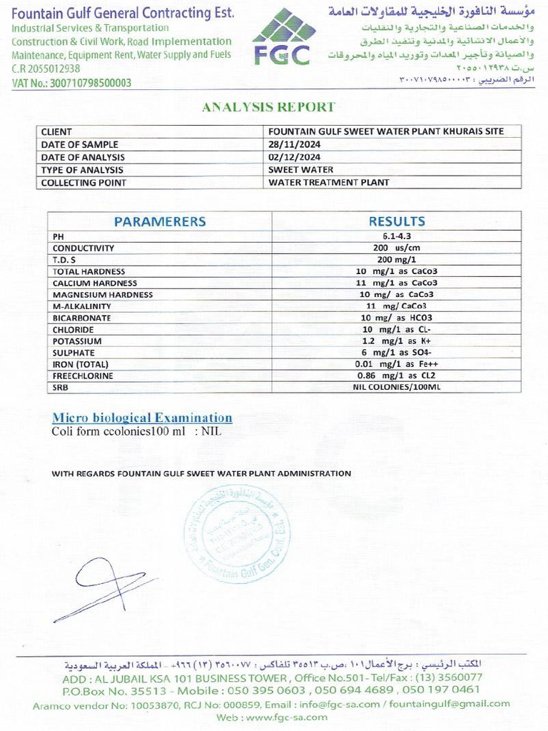 Water Analysis Report Khurais Site 2024 - Zomco Sweet Water Supplier | PDF