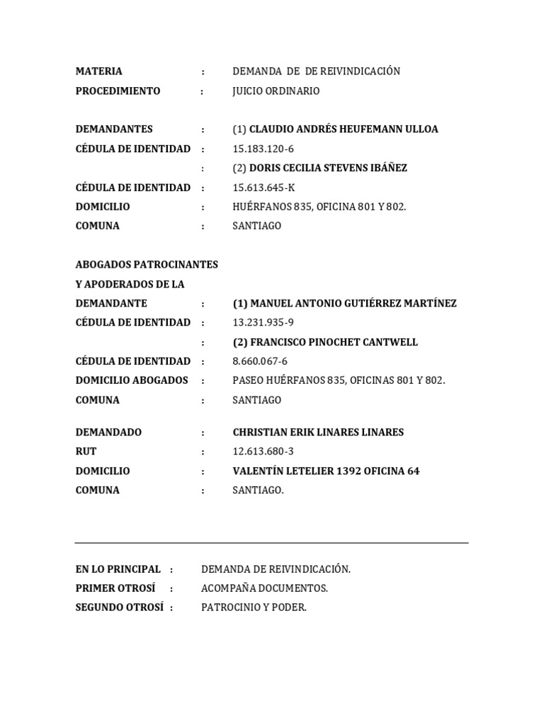 Demanda de Reivindicación Inmobiliaria | PDF | Propiedad | Derecho ...