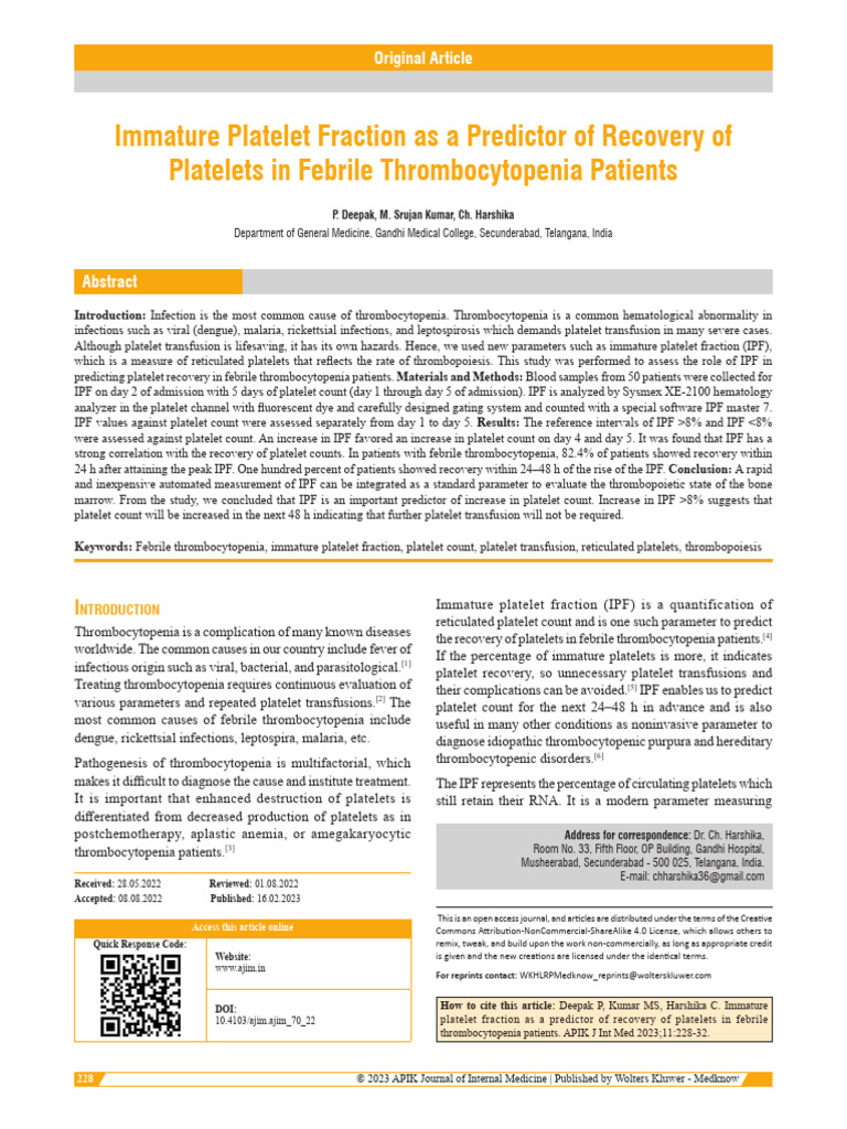 Immature Platelet Fraction As A Predictor Of.4 | PDF | Platelet ...