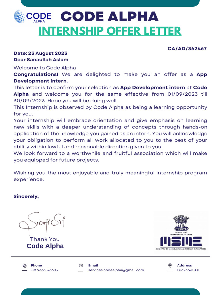 App Development Internship Offer Letter | PDF