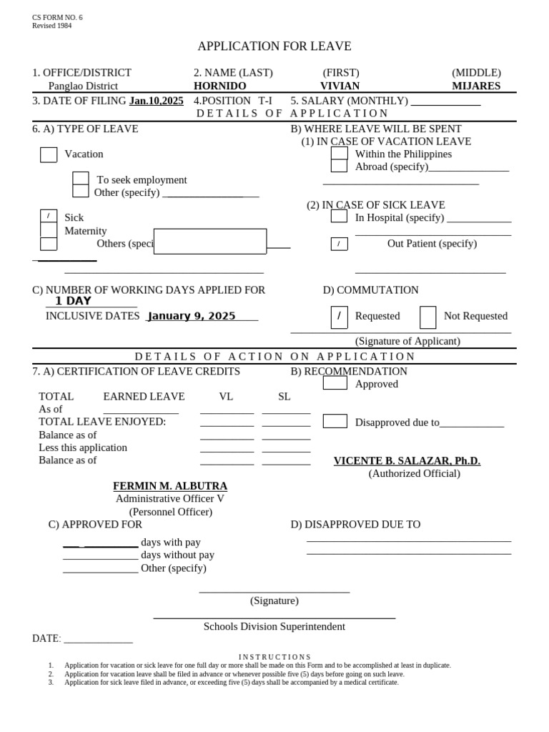 CS FORM NO 6 For Teachers | PDF | Sick Leave | Business