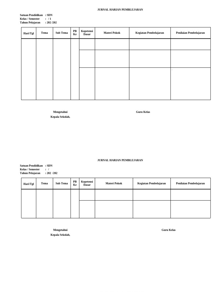 Jurnal Harian Pembelajaran Kelas 1 SD | PDF
