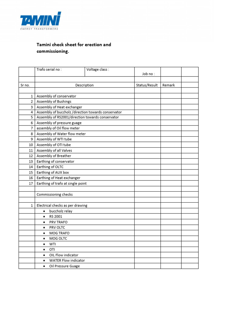 Tamini Erection and Commissioning Checklist | PDF | Transformer ...