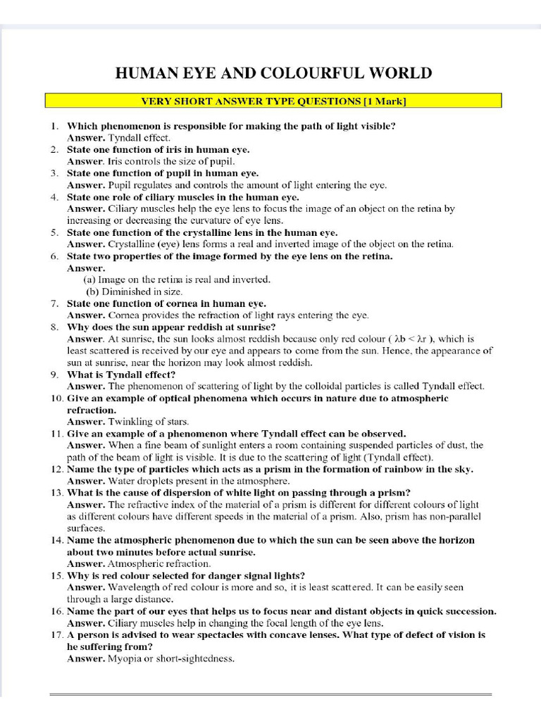 Human Eye and Colourful World - Questions | PDF