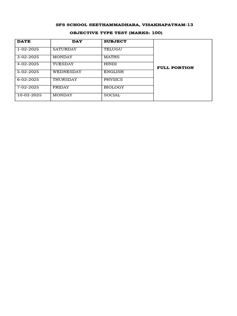 SFS School Exam Schedule 2025 | PDF