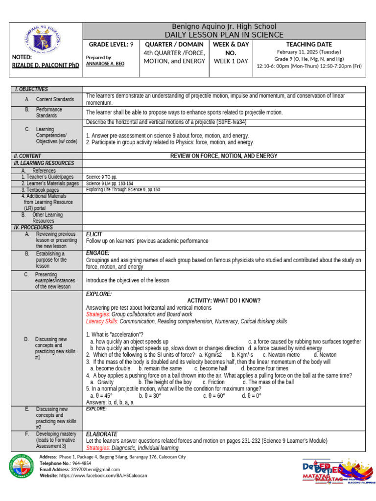 Grade 9 Science Lesson Plan: Force & Motion | PDF | Force | Mechanical ...