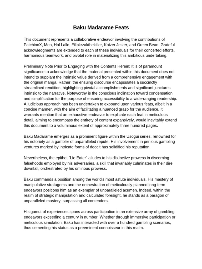 Baku Madarame Feats | PDF | Deception | Labyrinth