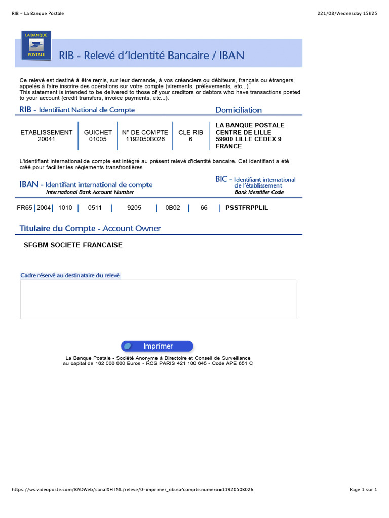 RIB La Banque Postale pour Transactions | PDF