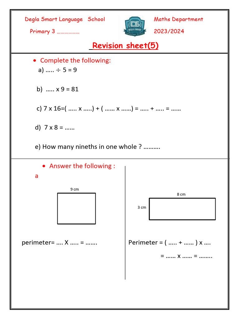 Primary 3 Maths Revision Sheet 2023 | PDF