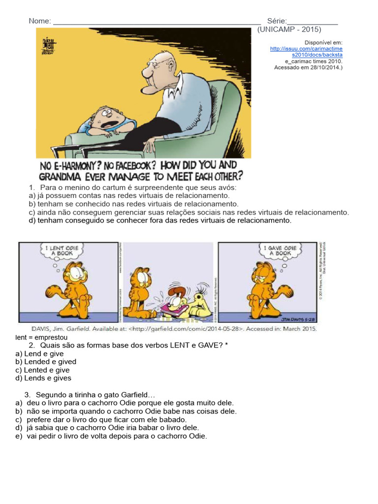 Tirinhas para Praticar Simple Past | PDF | Garfield