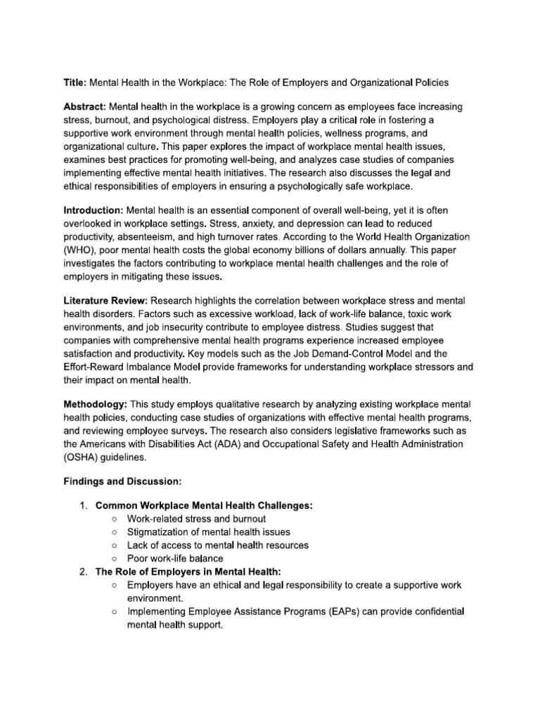 Mental Health in The Workplace | PDF