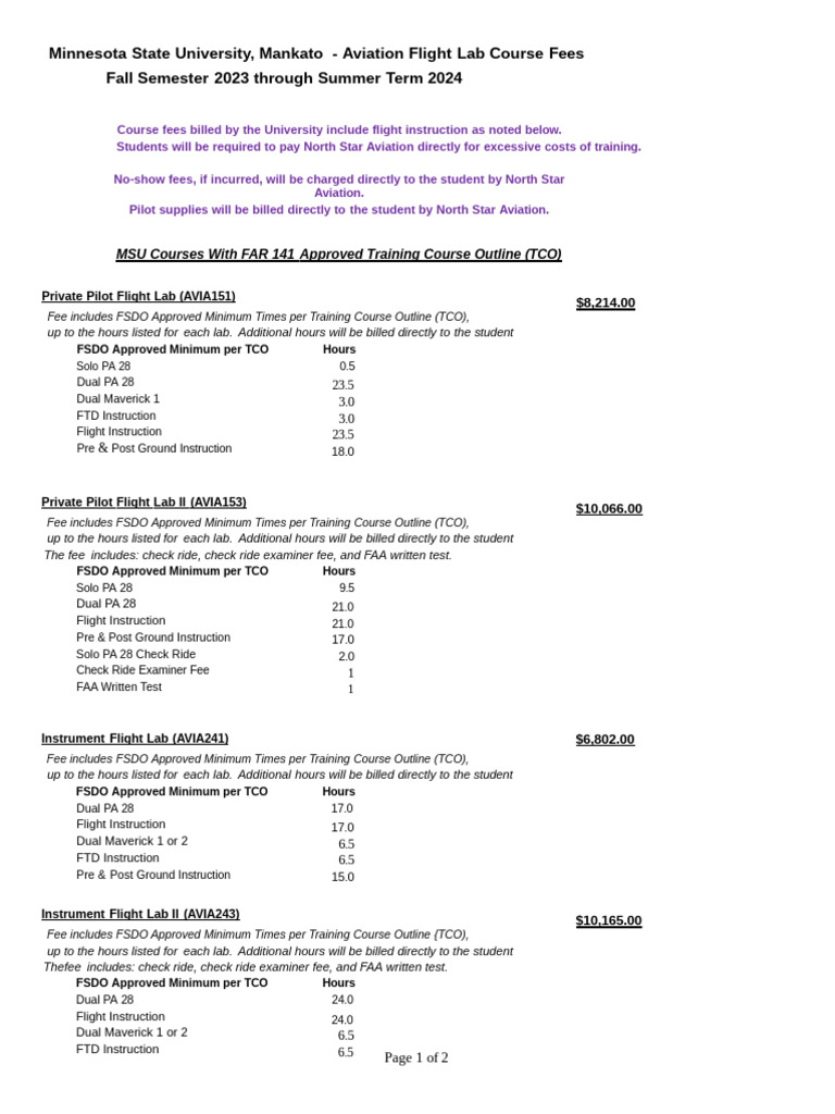 Flight Lab Course Fees Overview | PDF | Flight Instructor | Aeronautics