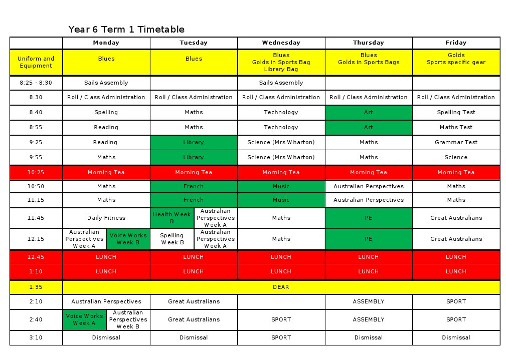 Year 6 Term 1 Weekly Timetable | PDF