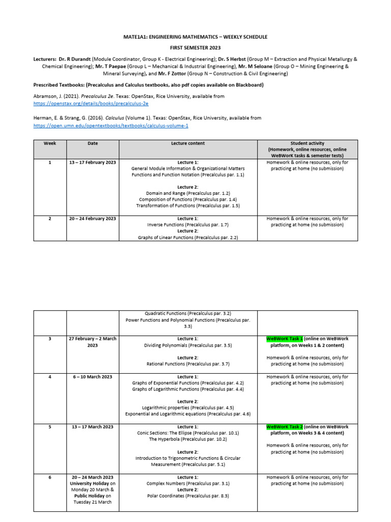 Engineering Mathematics Weekly Schedule | PDF | Calculus | Precalculus