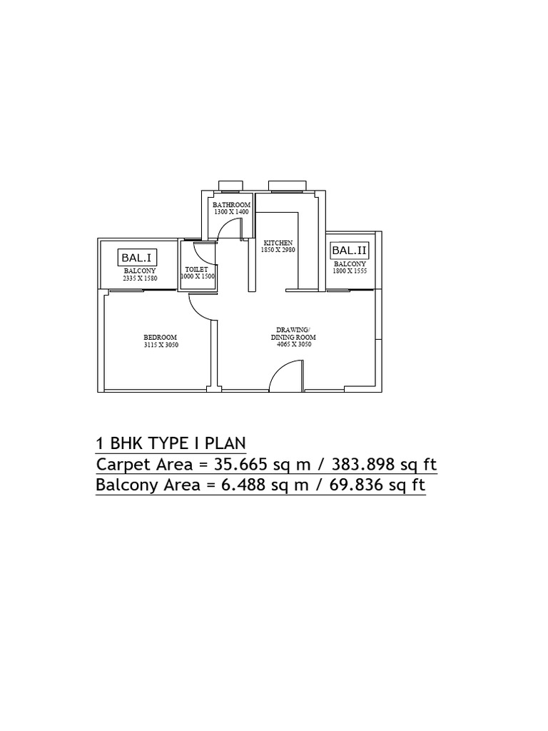 1 BHK Type I Layout and Dimensions | PDF