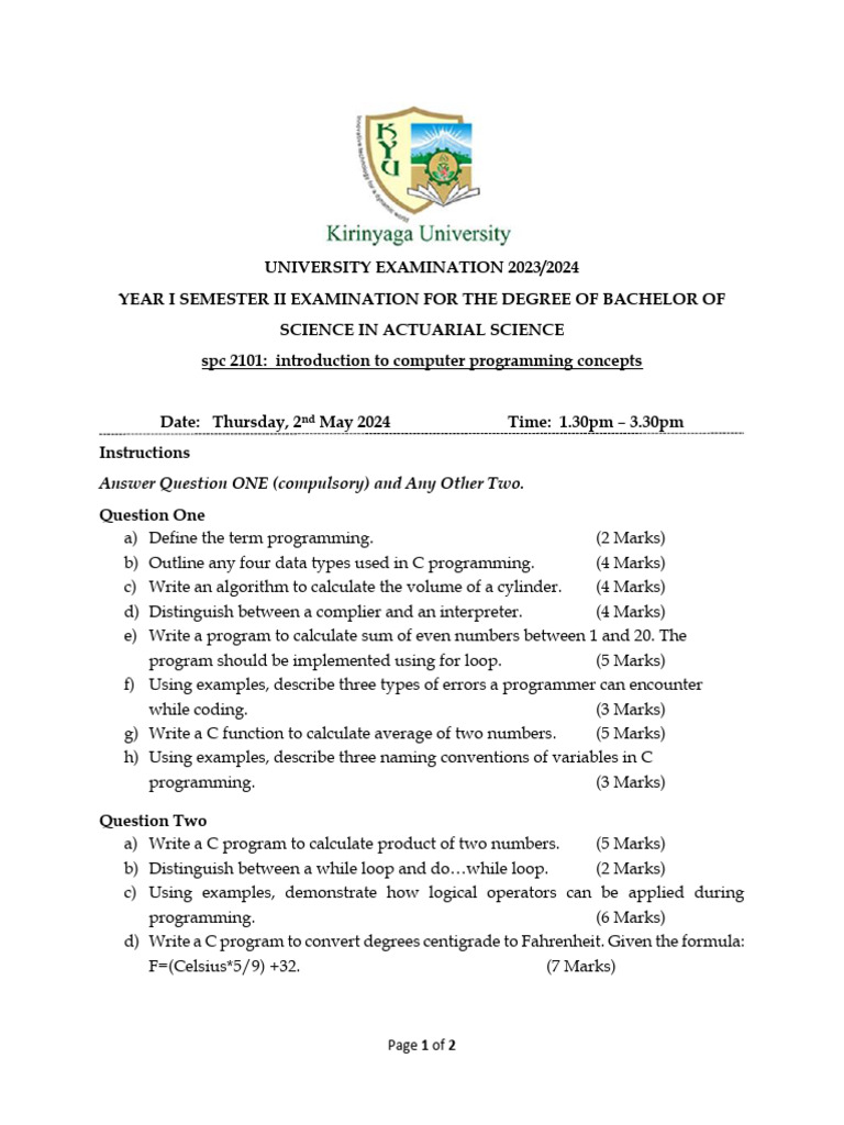 spc 2101 introduction to computer programming concepts Year I Semester ...