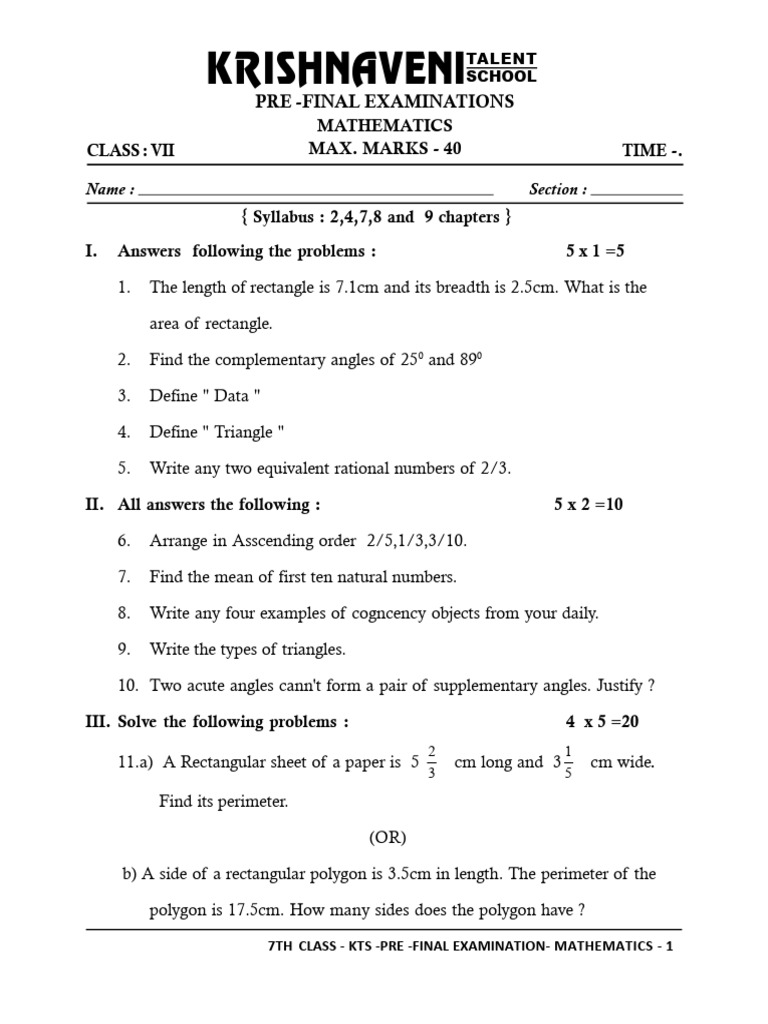 7th Maths - Pre Final | PDF | Rectangle | Mathematical Concepts