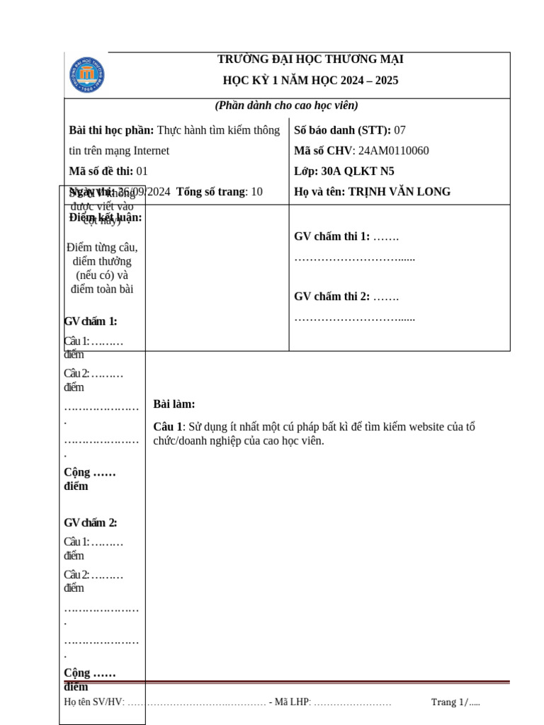 07 24AM0110060 TrinhVanLong KT1 | PDF