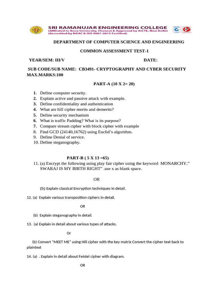 Cryptography and Cyber Security Test 1 | PDF