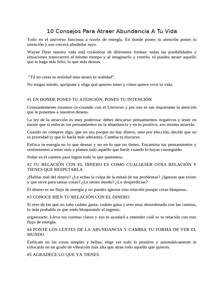 10 Consejos Para Atraer Abundancia A Tu Vida | PDF | Amor | Sensación