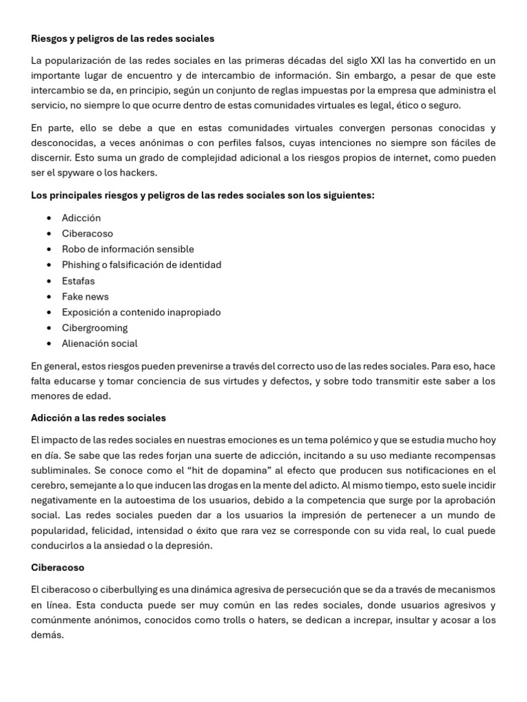 Riesgos y peligros de las redes sociales | PDF | Acoso cibernético ...