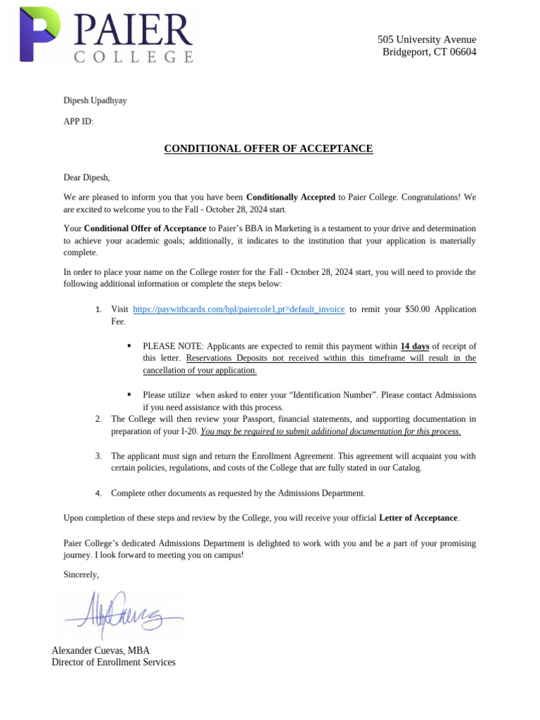 Conditional Acceptance to Paier College | PDF | Tuition Payments