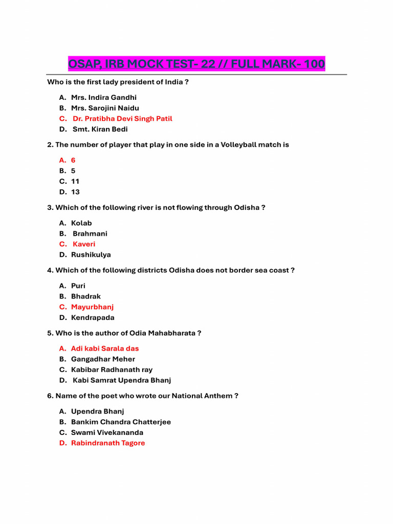 OSAP, IRB Mock Test - 22 Answer Key by Sahoo Education Point | PDF