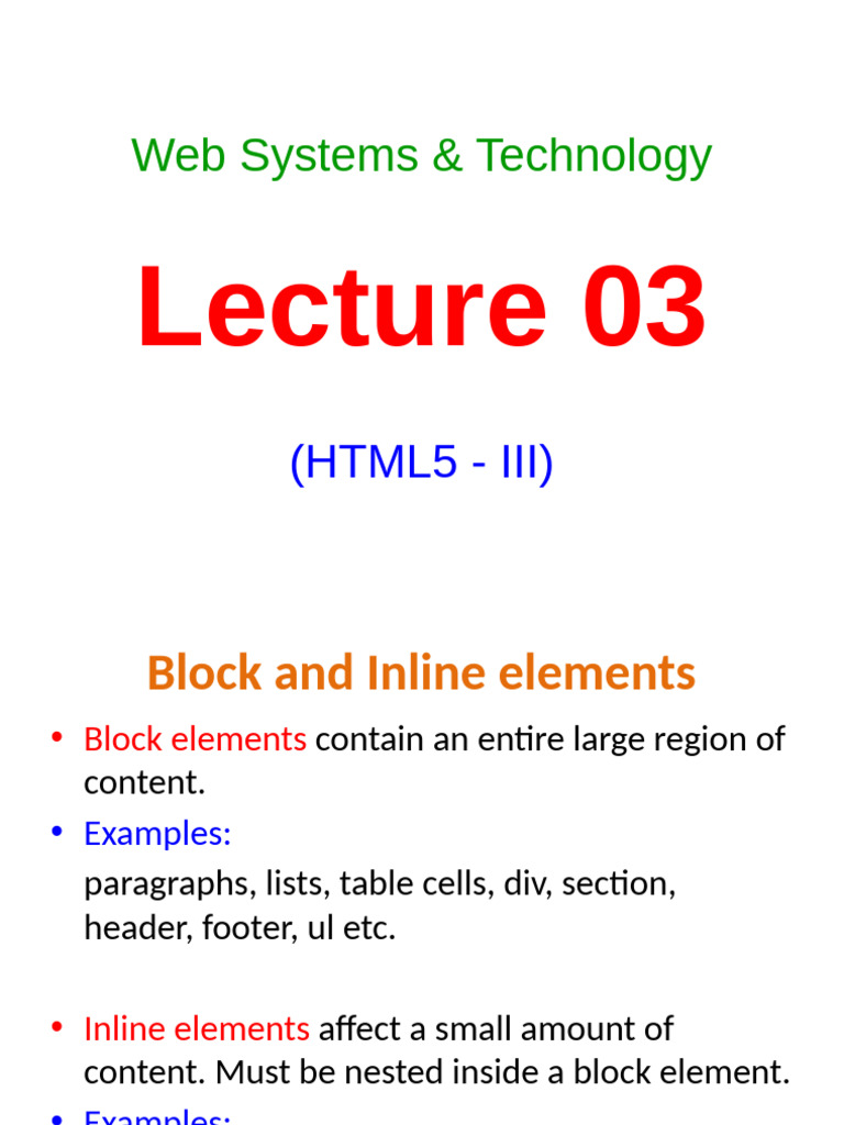 HTML5 Block and Inline Elements Guide | PDF | Html Element | Software ...