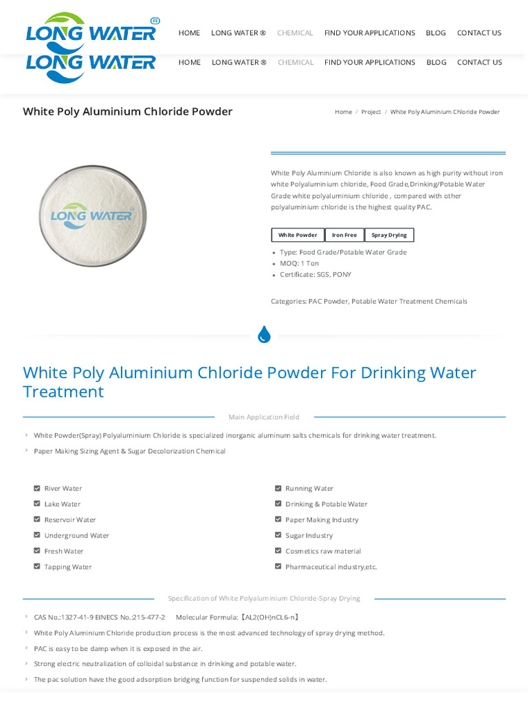 White Poly Aluminium Chloride Potable Water Treatment Chemicals | PDF |  Chemical Substances | Water