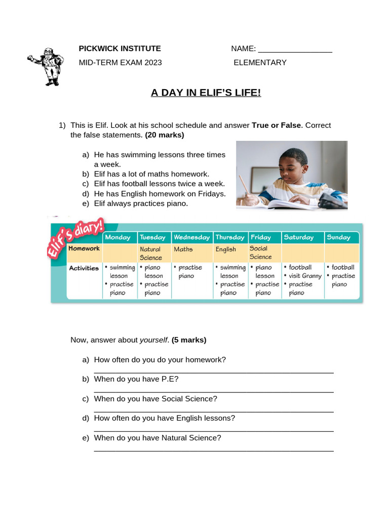 Elif's Daily Activities: Mid-Term Exam | PDF