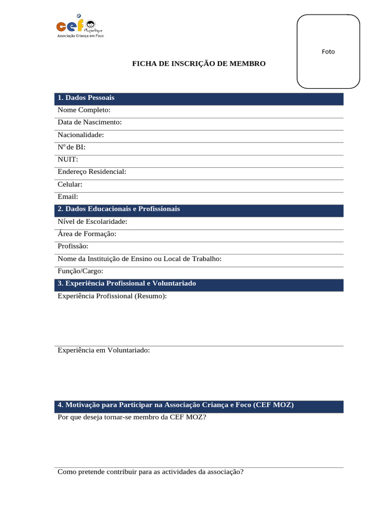 Ficha de Inscrição para Membros da CEF MOZ | PDF