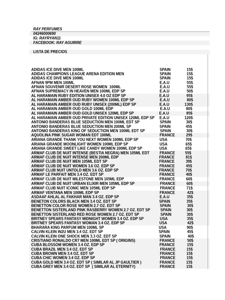 Lista de Preços de Perfumes RAY | PDF