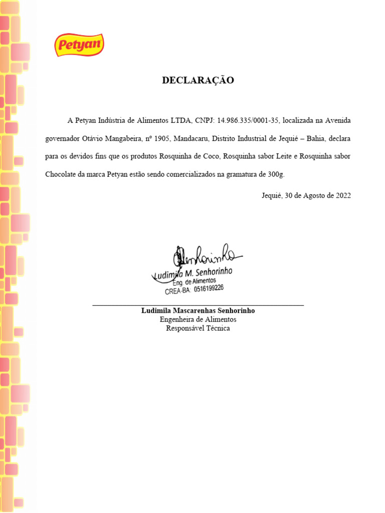 Declaração de Produtos Petyan 300g | PDF