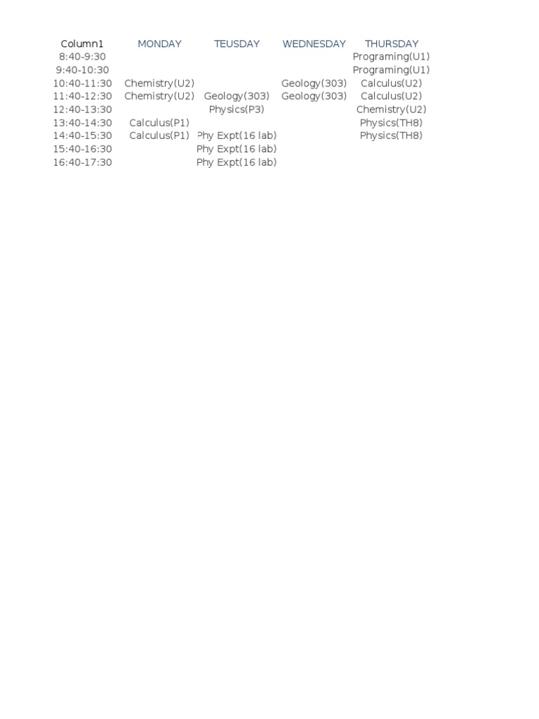 Weekly Class Schedule Overview | PDF | Science & Mathematics