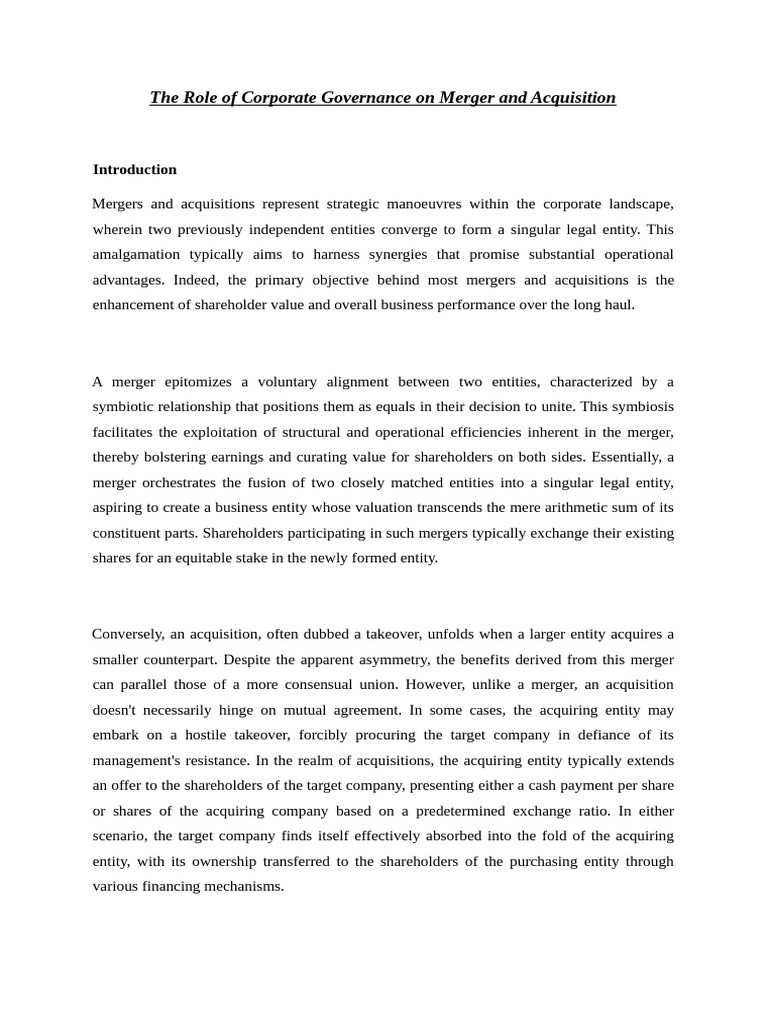 The Role of Corporate Governance On Merger and Acquisition | PDF ...