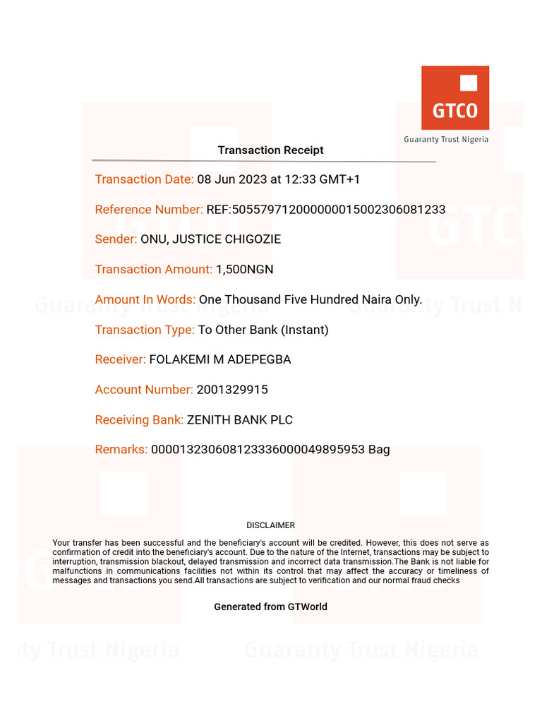 Zenith Bank Transfer Receipt | PDF