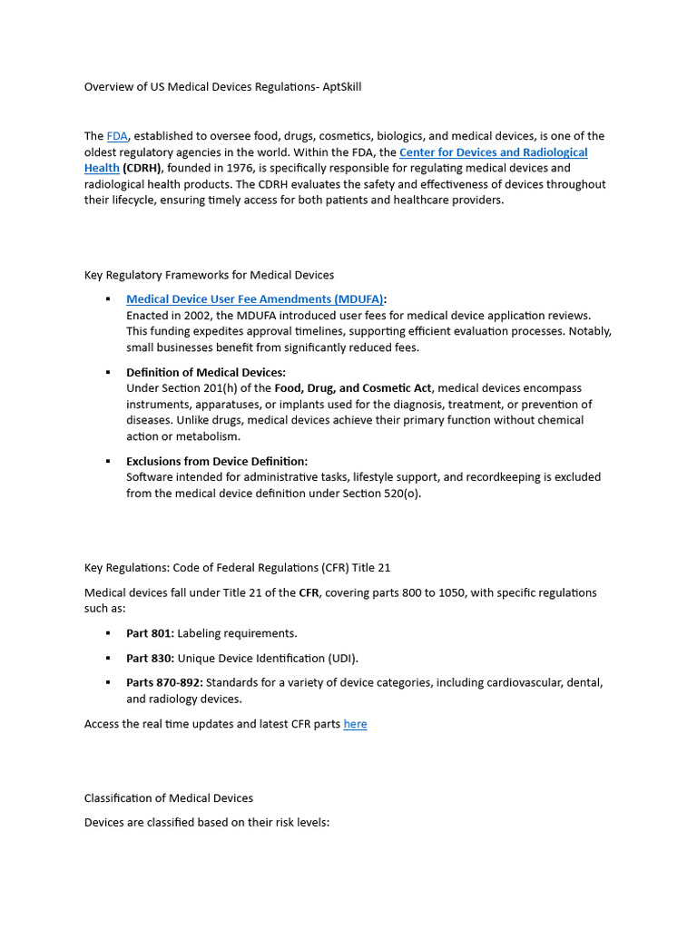 Overview of US Medical Device Regulations | PDF | Medical Device | Food ...